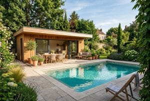 Pool house en bois moderne adjacent à une piscine, avec terrasse en pierre et mobilier de jardin, entouré de verdure.