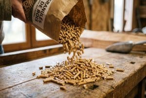 Grains de granulés de bois tombant d’un sac en papier sur une table en bois, prêt à être stockés, parfait pour se chauffer avec des granulés de bois pas cher.